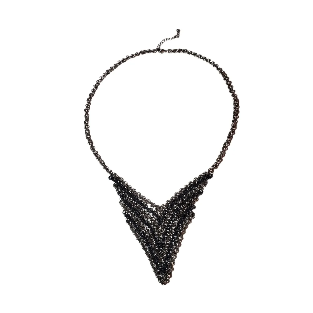 Metal Chevron Necklace Silver & Black Tone Statement Necklace